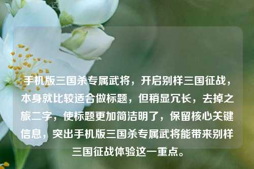 手机版三国杀专属武将,开启别样三国征战,本身就比较适合做标题,但稍显冗长,去掉之旅二字,使标题更加简洁明了,保留核心关键信息,突出手机版三国杀专属武将能带来别样三国征战体验这一重点。