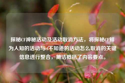 探秘CF神秘活动及活动取消 *** ,将探秘CF鲜为人知的活动与cf不知道的活动怎么取消的关键信息进行整合,简洁概括了内容要点。