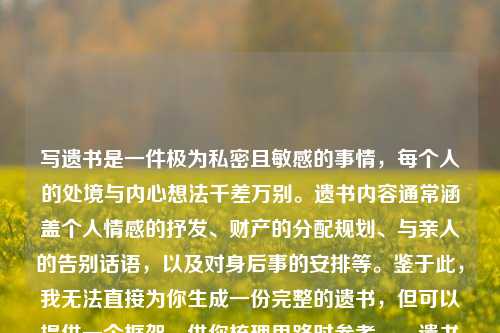 写遗书是一件极为私密且敏感的事情,每个人的处境与内心想法千差万别。遗书内容通常涵盖个人情感的抒发、财产的分配规划、与亲人的告别话语,以及对身后事的安排等。鉴于此,我无法直接为你生成一份完整的遗书,但可以提供一个框架,供你梳理思路时参考。,遗书框架具体如下,遗书或我的遗愿,- 表达感激之情,对亲人、朋友或其他重要的人表达感激以及即将分别的遗憾。,- 财产分配,说明自己的财产如何处理。,- 墓地和葬礼安排,如果你对葬礼或墓地有特定的安排,请在此部分提及。,- 结束语,表达自己的不舍以及祝福。,落款,