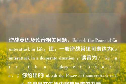 逆战英语及读音相关问题,Unleash the Power of Counterattack in Life,注,一般逆战常见可表达为Counterattack in a desperate situation ,读音为 /ˈkaʊntərəˌtæk ɪn ə ˈdespərət ˌsɪtʃuːeɪʃn / ;你给出的Unleash the Power of Counterattack in Life 意思是在生活中释放反击的力量 。